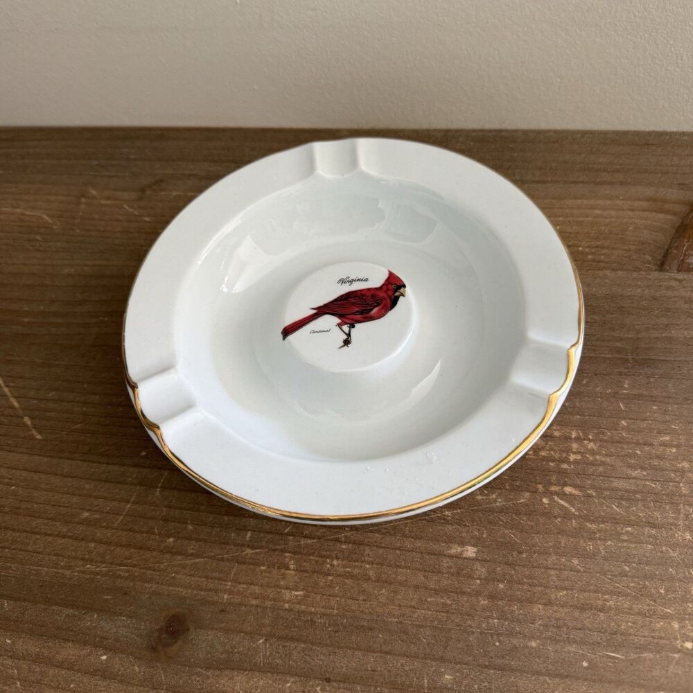 Vintage Ashtray Ceramic Round White Gold Trim Cardinal Japan Grandmacore